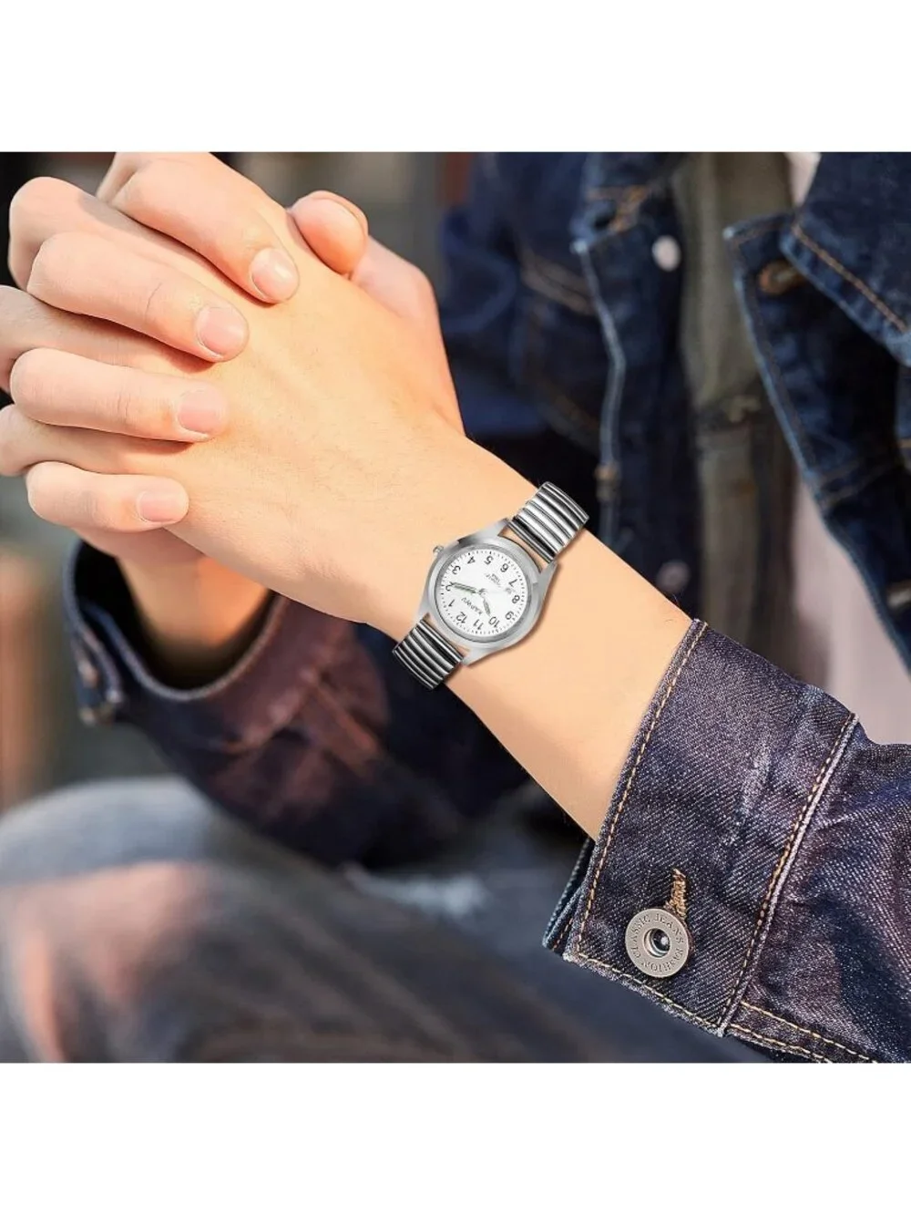 Men's Silver Stretch Band Couple Bangle Ultrathin Elastic Strap Wrist Watch